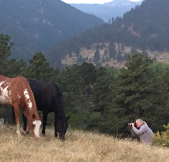 Artist photographing horses during the Eatons’ Ranch Wyoming equine photography and photo encaustic workshop.